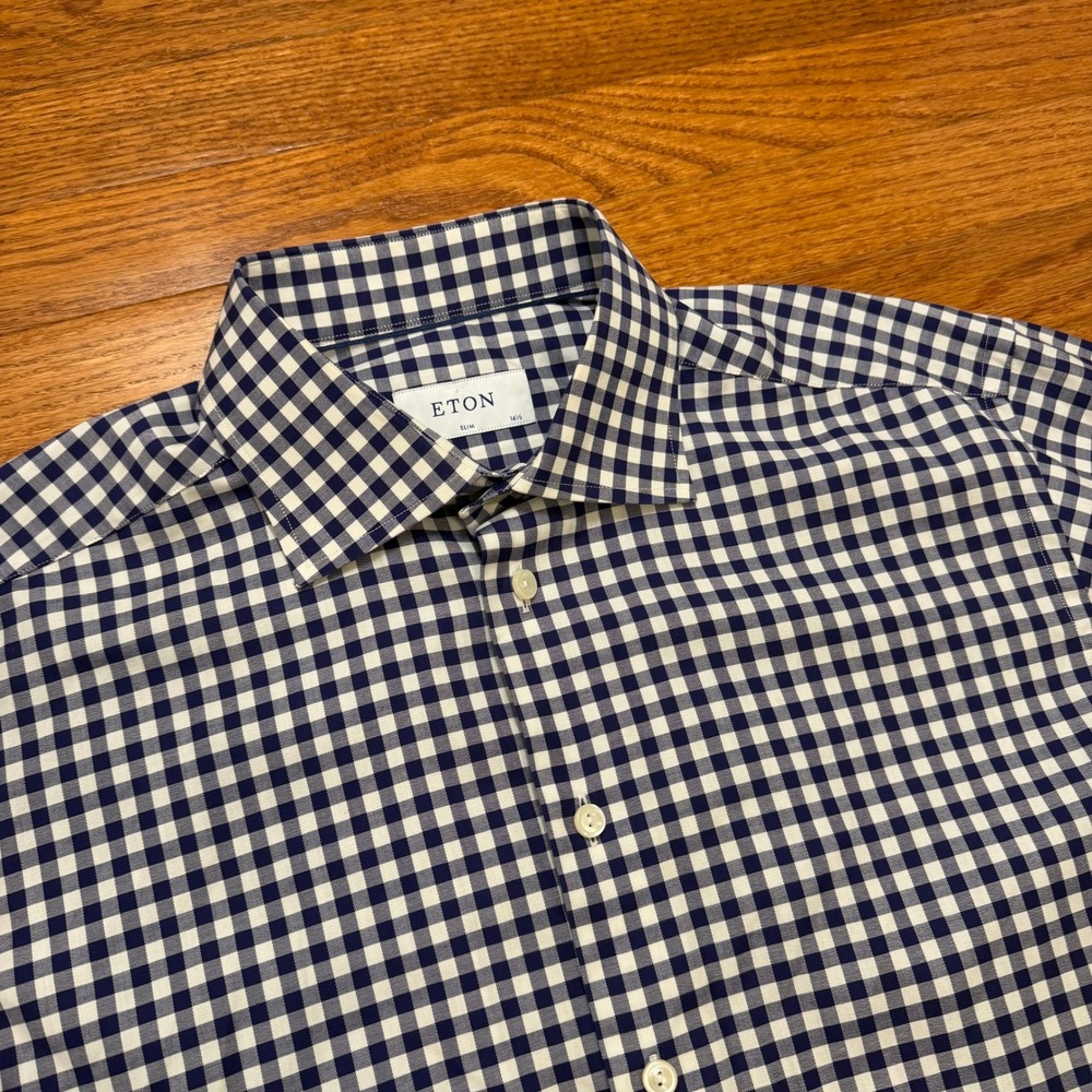 Eton Button-Down Dress Shirt Mens 16.5-42 Slim Blue White Gingham Check Casual